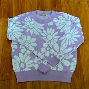 LOFT Purple and White Crew Neck Sweater with Floral Pattern